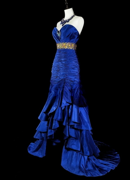 Glam Blue Long Prom Dresses Sweetheart Sheath Evening Dresses Satin Sleeveless Formal Dresses EP06803