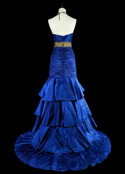 Glam Blue Long Prom Dresses Sweetheart Sheath Evening Dresses Satin Sleeveless Formal Dresses EP06803