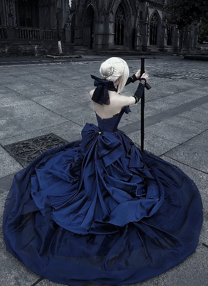 Fairy Strapless A-Line Navy Blue Long Prom Dresses Satin Navy Blue Quinceanera Dresses Sweet 16 Dress EP5182