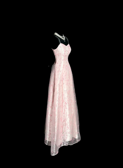 Fairy Spaghetti Straps A-Line Pink Long Prom Dresses Tulle Beaded Pink Birthday Dresses EP5183