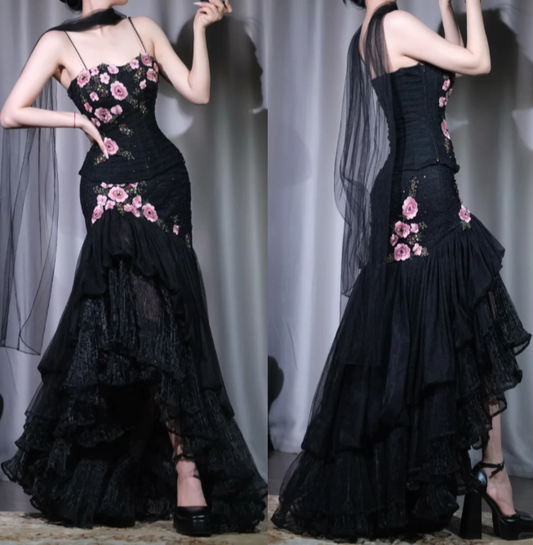 Elegant Spaghetti Straps Two-Piece Black Long Prom Dresses Chiffon Floral Black Birthday Dresses EP5184
