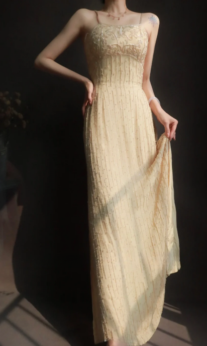 Elegant Sapghetti Straps Sheath Long Prom Dresses Chiffon Baeded Sleeveless Evening Dresses EP5189