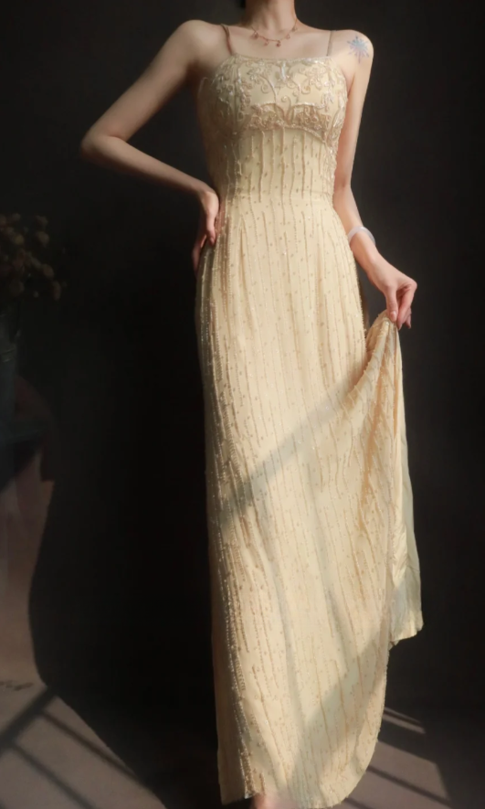 Elegant Sapghetti Straps Sheath Long Prom Dresses Chiffon Baeded Sleeveless Evening Dresses EP5189