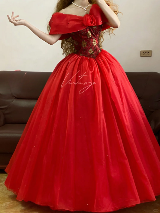 Vintage Red Ball Gown Off the Shoulder Beaded Tulle Prom Dress 16th Birthday Dress SH4958