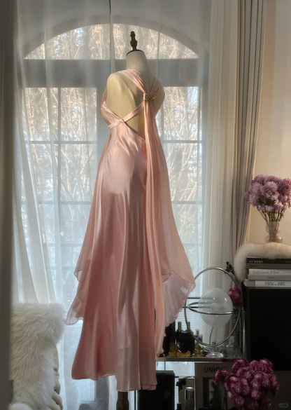Classy A Line V Neck Beaded Pink Chiffon Satin Long Party Dress Evening Dress SH2937