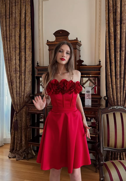 Red A Line Strapless Floral Satin Short Homecoming Dress Party Dress SH4839