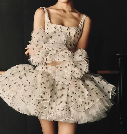 Polka Dot A Line Straps Pleated Chiffon Tulle Short Homecoming Dress Cocktail Dress SH3382