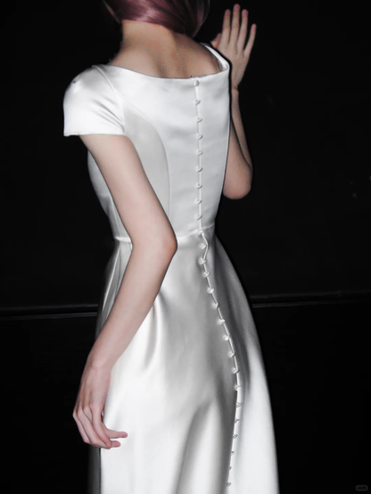 Vinatge Simple A Line White Satin Long Prom Dress Wedding Dress SH4968