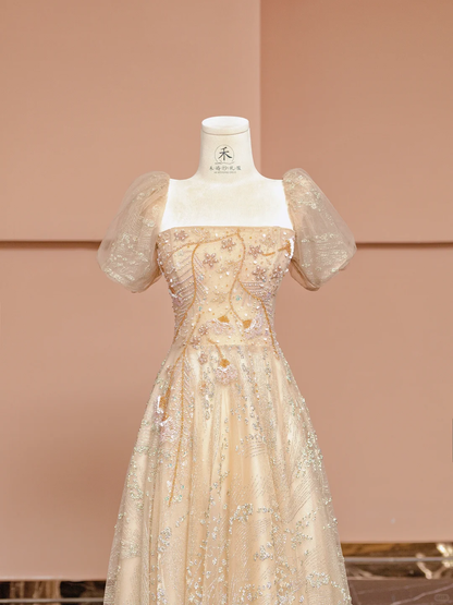 Pretty A Line Puff Beaded Sequin Champagne Tulle Long Prom Dress Party Dress SH4365