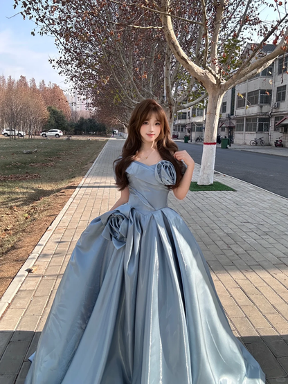 Blue A Line Off the Shoulder Flower Satin Long Party Dress Birthday Dress SH2908