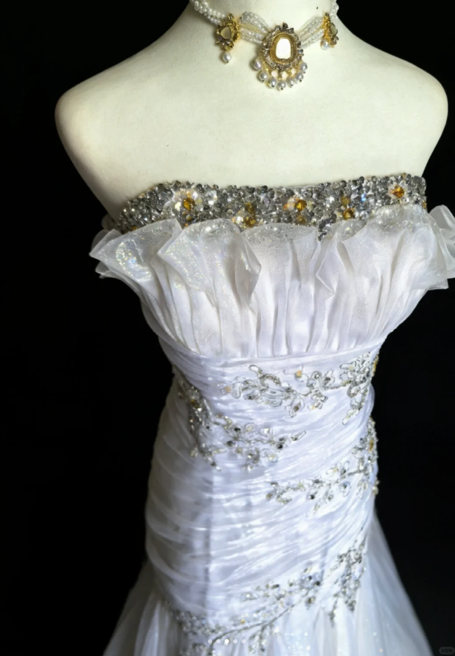 Elegant Strapless White Tulle Beaded Mermaid Long Party Dress Birthday Prom Dress D2164