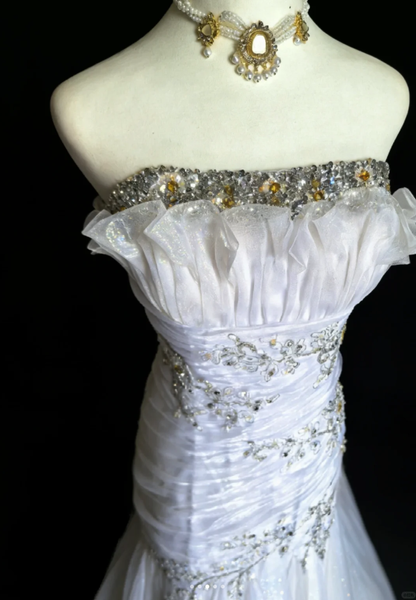 Elegant Strapless White Tulle Beaded Mermaid Long Party Dress Birthday Prom Dress D2164