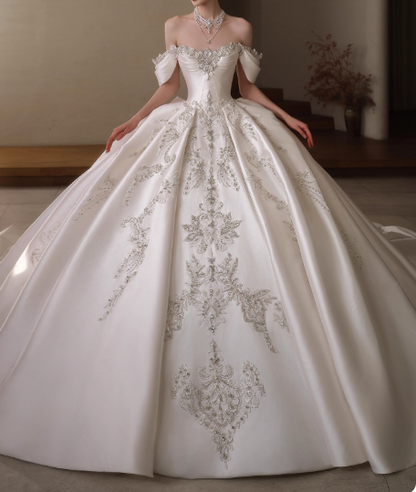 Princess Off-the-shoulder Ball Gown White Wedding Dress Satin Beaded Bridal Dress Elegant Bridal Gown EW004