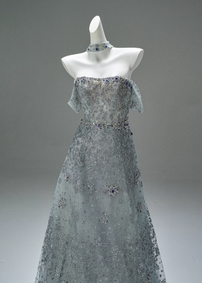 Fairy Off-the-shoulder A-Line Long Prom Dress Gray Tulle Beads Applique Quinceanera Dress Sweet 16 Dress EW009