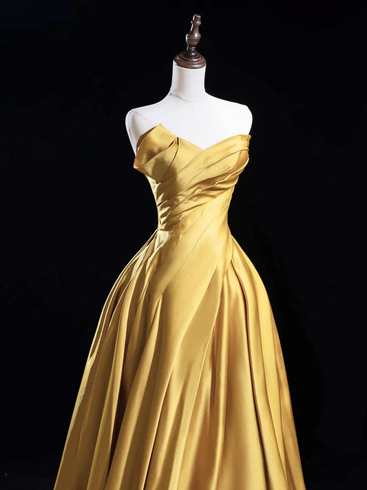 A-Line Satin Gold Long Prom Dress, Gold Long Formal Dress EW0100
