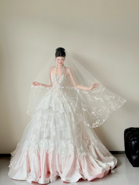Strapless Wedding Dresses A-Line Lace Bridal Gowns Sleeveless White/Pink Bridal Dresses HZ1024