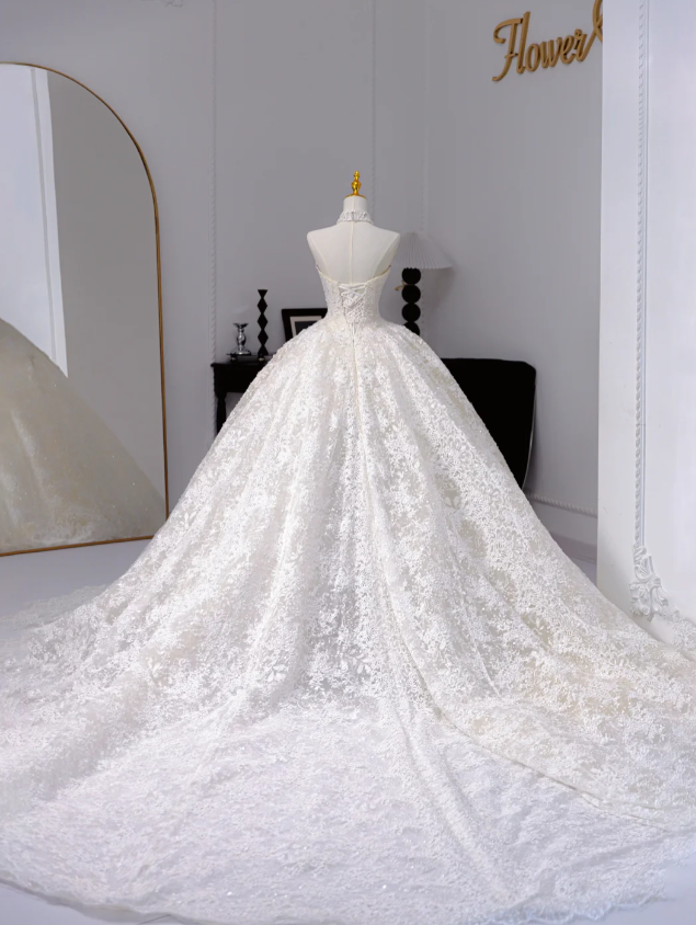 Strapless Ball Gown Lace Wedding Dresses Beaded Bridal Gowns White Sleeveless Bridal Dresses HZ1024