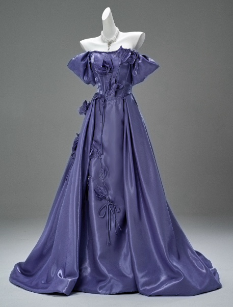 Fairy Off-the-shoulder A-Line Long Prom Dress  Satin Applique Purple Formal Evening Dress Glam Graduation Dress EW010