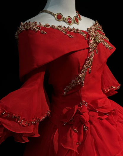 Fairy Off-the-shoulder Ball Gown Beaded Chiffon Long Prom Dresses Red Quinceanera Dresses Long Sleeve Sweet 16 Dress EW0114