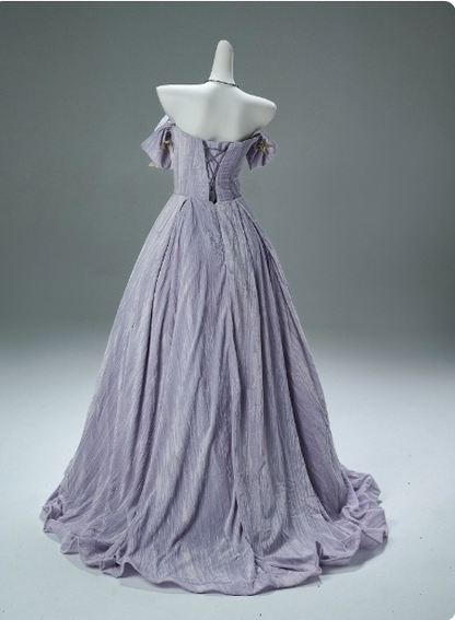 Fairy Off-the-shoulder A-Line Long Prom Dress Velvet Applique Lilac Formal Evening Dress Sweet 16 Dress EW012