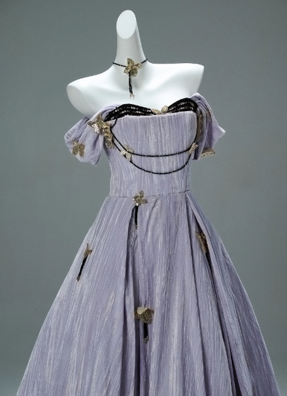 Fairy Off-the-shoulder A-Line Long Prom Dress Velvet Applique Lilac Formal Evening Dress Sweet 16 Dress EW012