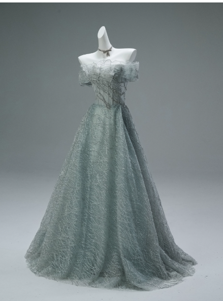 Off-the-shoulder A-Line Long Prom Dress Tulle Sequins Gray Green Formal Evening Dress Sweet 16 Dress HZ1024