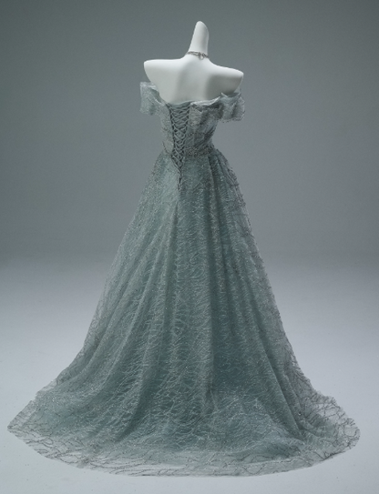 Off-the-shoulder A-Line Long Prom Dress Tulle Sequins Gray Green Formal Evening Dress Sweet 16 Dress HZ1024