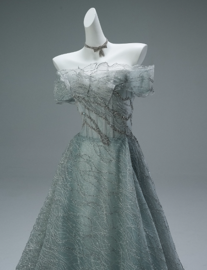 Off-the-shoulder A-Line Long Prom Dress Tulle Sequins Gray Green Formal Evening Dress Sweet 16 Dress HZ1024