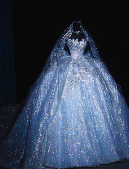 Strapless Ball Gown White Luxury Wedding Dress Elegant Tulle Sequin Sleeveless Bridal Dress HZ1024