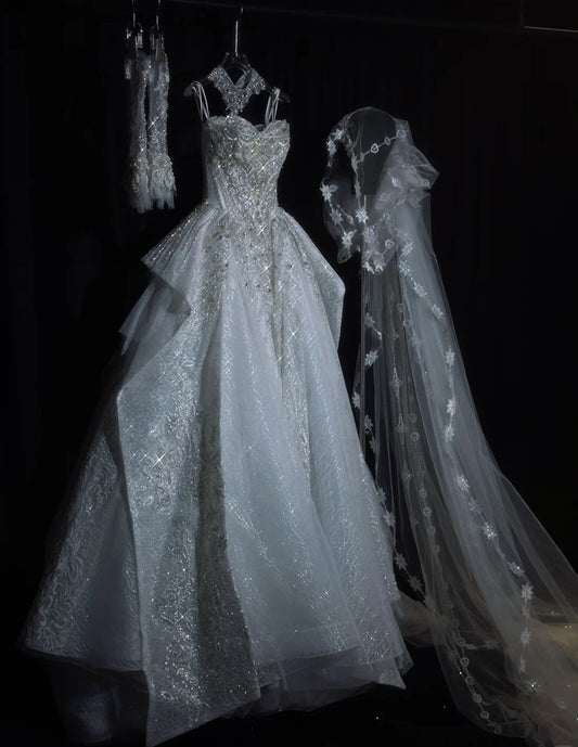 Timeless Strapless Ball Gown Luxury Wedding Dresses Elegant Tulle Beaded Sleeveless Bridal Gowns EW027