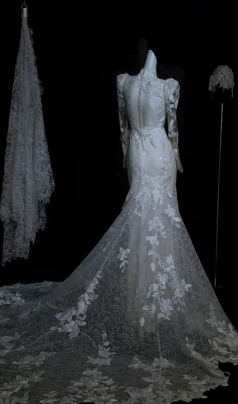 Timeless Mermaid Luxury Wedding Dresses Elegant Lace Applique Long Sleeves Bridal Gowns EW028