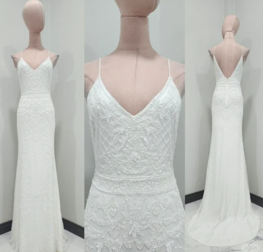 Spaghetti Strap Sheath Chiffon Beading Luxury Wedding Dresses, Elegant White Bridal Gowns HZ1024