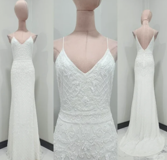 Vintage Spaghetti Strap Sheath Chiffon Beading Luxury Wedding Dresses, Elegant White Bridal Gowns EW032