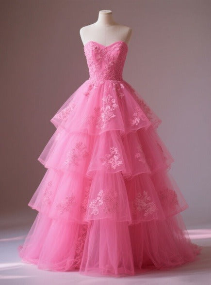 Cute Sweetheart Neck Ball Gown Tulle Applique Long Prom Dresses, Pink Sweet 16 Dress EW042