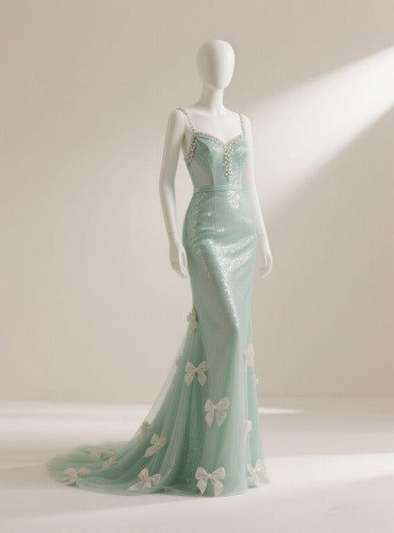Elegant Spaghetti Straps Mermaid Tulle Sequined Long Prom Dresses, Mint Green Formal Evening Dresses EW045