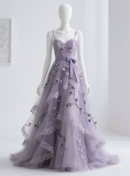 Elegant Spaghetti Straps A-Line Tulle Applique Long Prom Dresses, Purple Quinceanera Dresses EW046