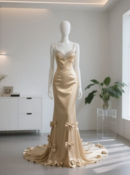 Elegant Spaghetti Strap Mermaid Satin Long Prom Dresses, Light Champagne Formal Evening Dresses EW048