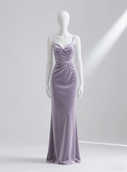 Elegant Spaghetti Strap Sheath Velvet Long Prom Dresses, Lavender Formal Evening Dresses EW049