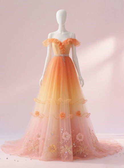Gorgeous Off-the-shoulder A-Line Tulle Long Prom Dresses, Gradient Orange Formal Evening Dresses EW050