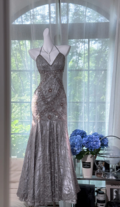 Vintage V-neck Mermaid Lace Chiffon Long Prom Dresses, Silver Grey Formal Evening Dresses EW054