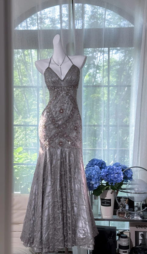 Vintage V-neck Mermaid Lace Chiffon Long Prom Dresses, Silver Grey Formal Evening Dresses EW054