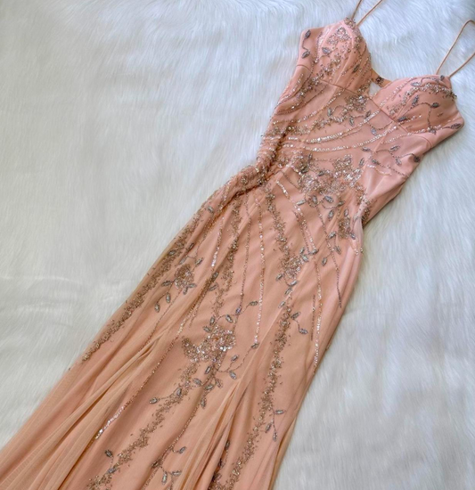 Vintage Spaghetti Strap Sheath Chiffon Beaded Long Prom Dresses, Peach Formal Evening Dresses EW065