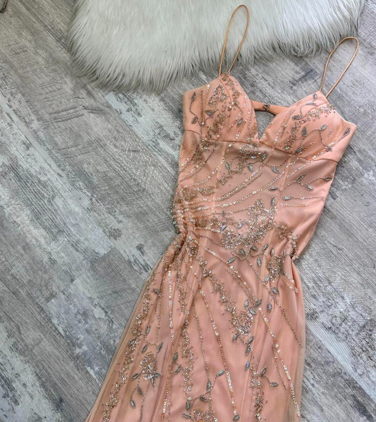 Vintage Spaghetti Strap Sheath Chiffon Beaded Long Prom Dresses, Peach Formal Evening Dresses EW065