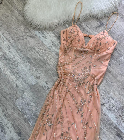 Vintage Spaghetti Strap Sheath Chiffon Beaded Long Prom Dresses, Peach Formal Evening Dresses EW065