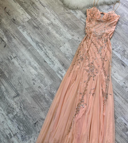 Vintage Spaghetti Strap Sheath Chiffon Beaded Long Prom Dresses, Peach Formal Evening Dresses EW065