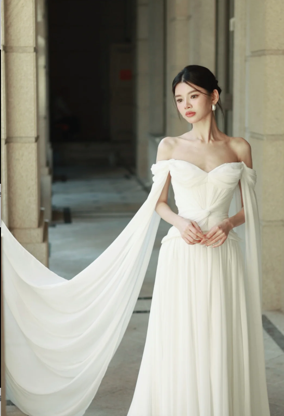 Timeless Off-the-Shoulder Sheath Chiffon Luxury Wedding Dress,  White Sleeves Bridal Gowns EW066