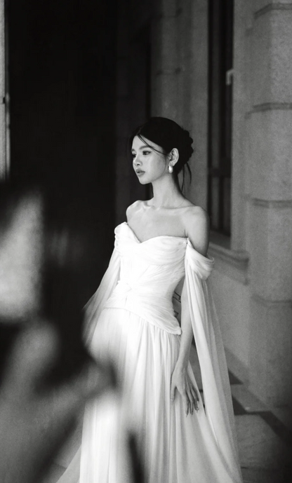 Timeless Off-the-Shoulder Sheath Chiffon Luxury Wedding Dress,  White Sleeves Bridal Gowns EW066