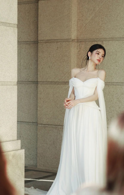 Timeless Off-the-Shoulder Sheath Chiffon Luxury Wedding Dress,  White Sleeves Bridal Gowns EW066