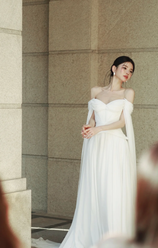 Timeless Off-the-Shoulder Sheath Chiffon Luxury Wedding Dress,  White Sleeves Bridal Gowns EW066