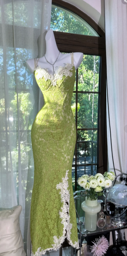 Vintage Spaghetti Strap Mermaid Lace Long Prom Dresses, Green Formal Evening Dresses EW067